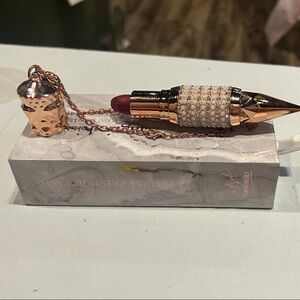 La Predire Rhinestone Rose Gold Lipstick Pendant Necklace - Deep Berry Shade